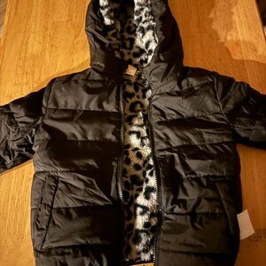 Kids Black Puffer Jacket with Leopard Print Lining